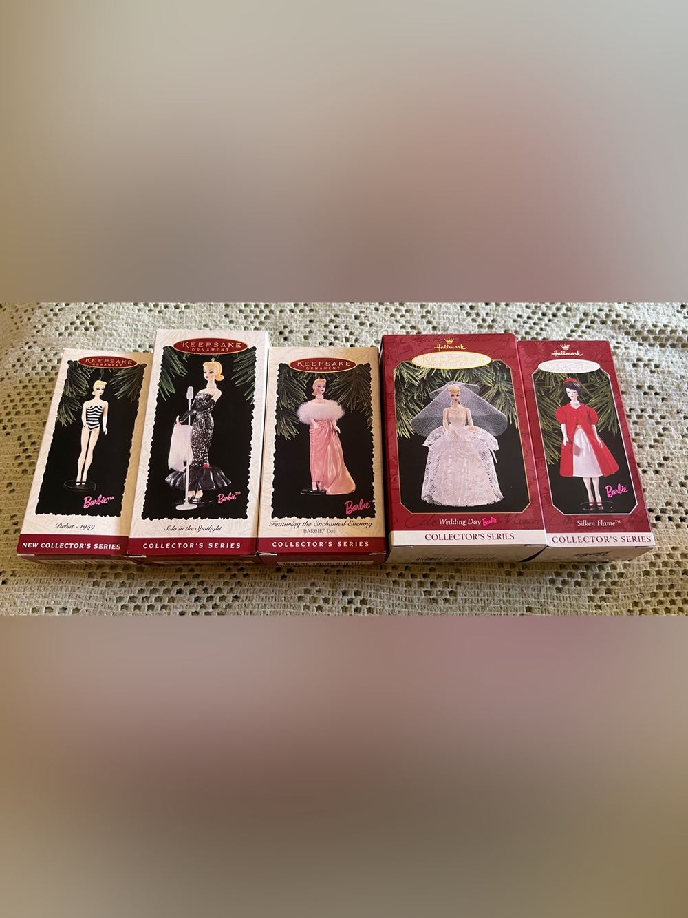 5 Barbie Collectors' Series Ornaments - Marked 1-5. NWT c. 1994-1998